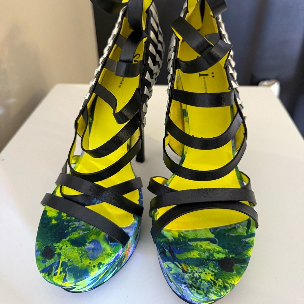Black & Neon Abstract Lace-Up Platform Heels